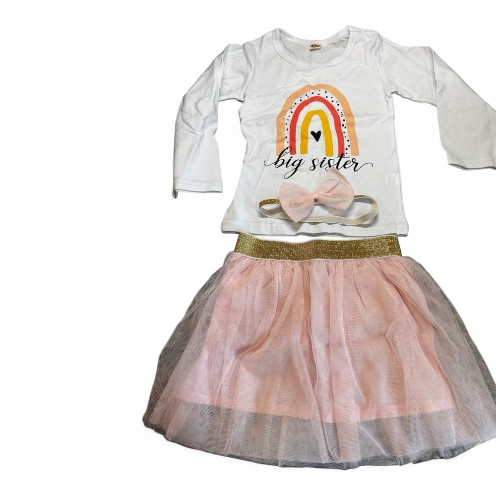 Big Sister Rainbow Outfit with Tutu Skirt and Headband Size 2T Pink and white - Picture 3 of 10